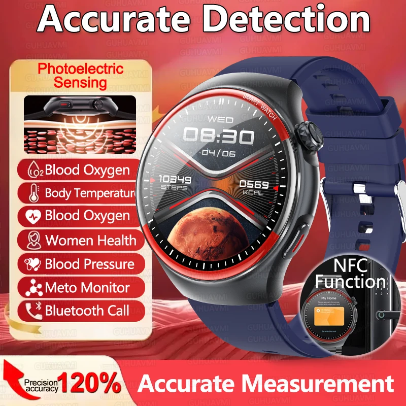 

Новые умные часы с точным обнаружением для мужчин, пульсометр, кислород в крови, кровяное давление, температура тела, NFC, здоровье, умные часы 2025