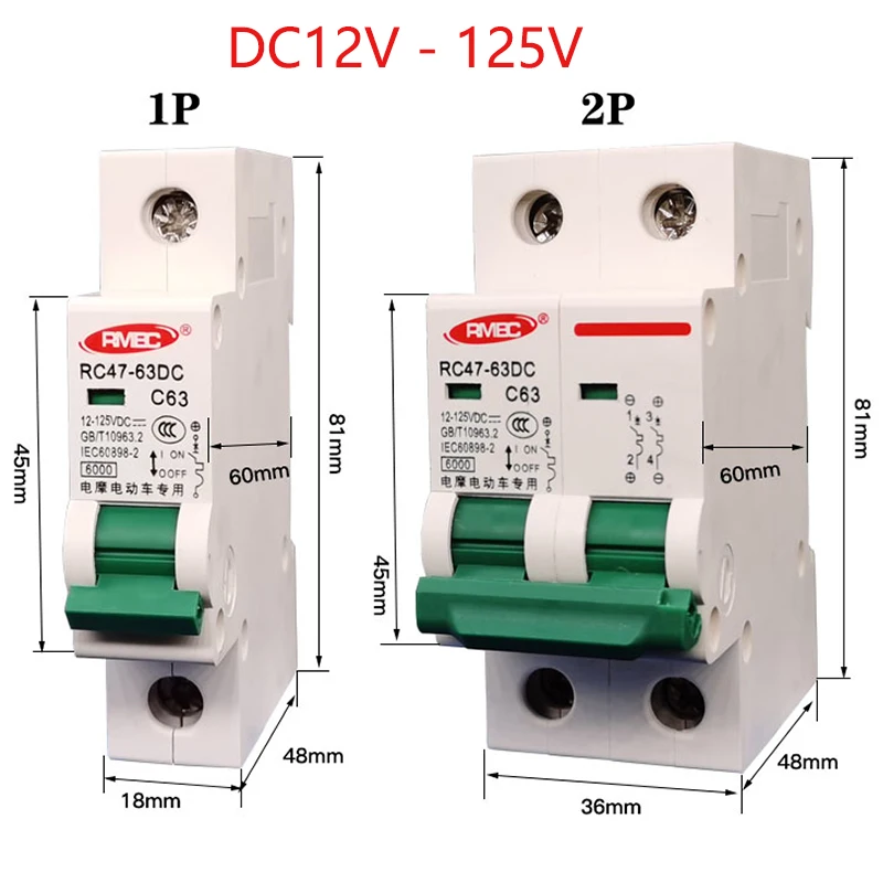 32A 63A DC12v-125v Circuit Breaker 1P/2P Solar RV Yacht Electric Vehicle Battery Power Outage Isolator Circuit Breaker Protector