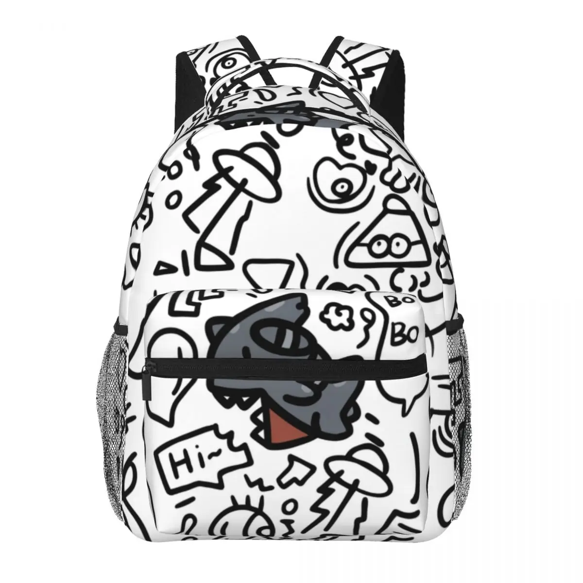 Print School Backpack Allover Dinosaur Doodle Whimsical Illustration White Black Gray Streetwear Bookbag for Teens College Kids
