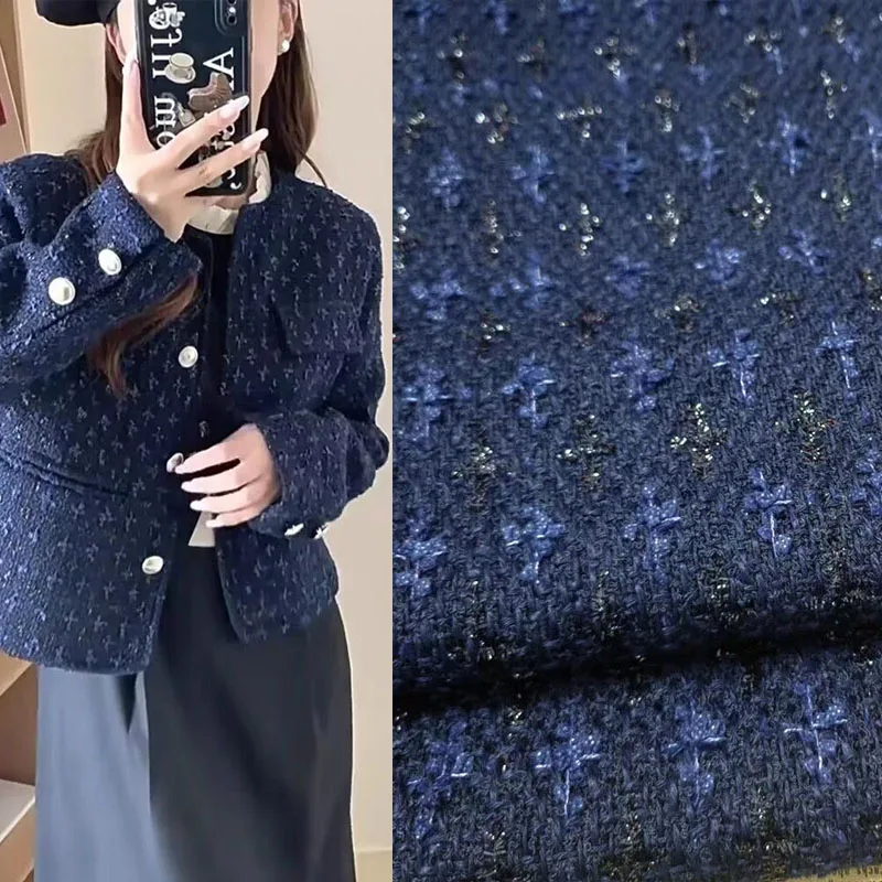 

Dark Blue Houndstooth Jacquard Yarn-Dyed Braided Tweed Fabric For Women Autumn Jacket Dress Suits Coat DIY Sewing Material