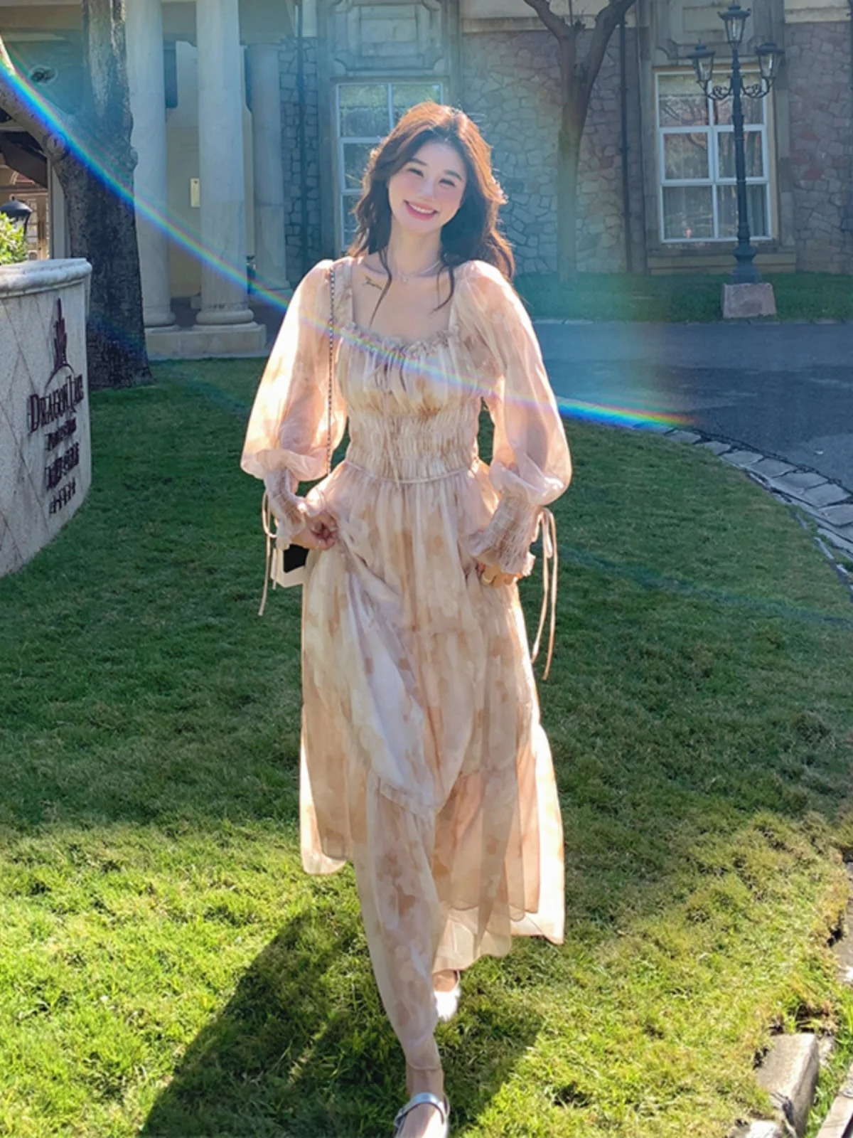 Ele Blumendruck Langer Damenrock für Frühling und Herbst mit Hoher Taille, A-Linie, Koreanischer Stil, für Pendler, Langer Rock für Teepausen