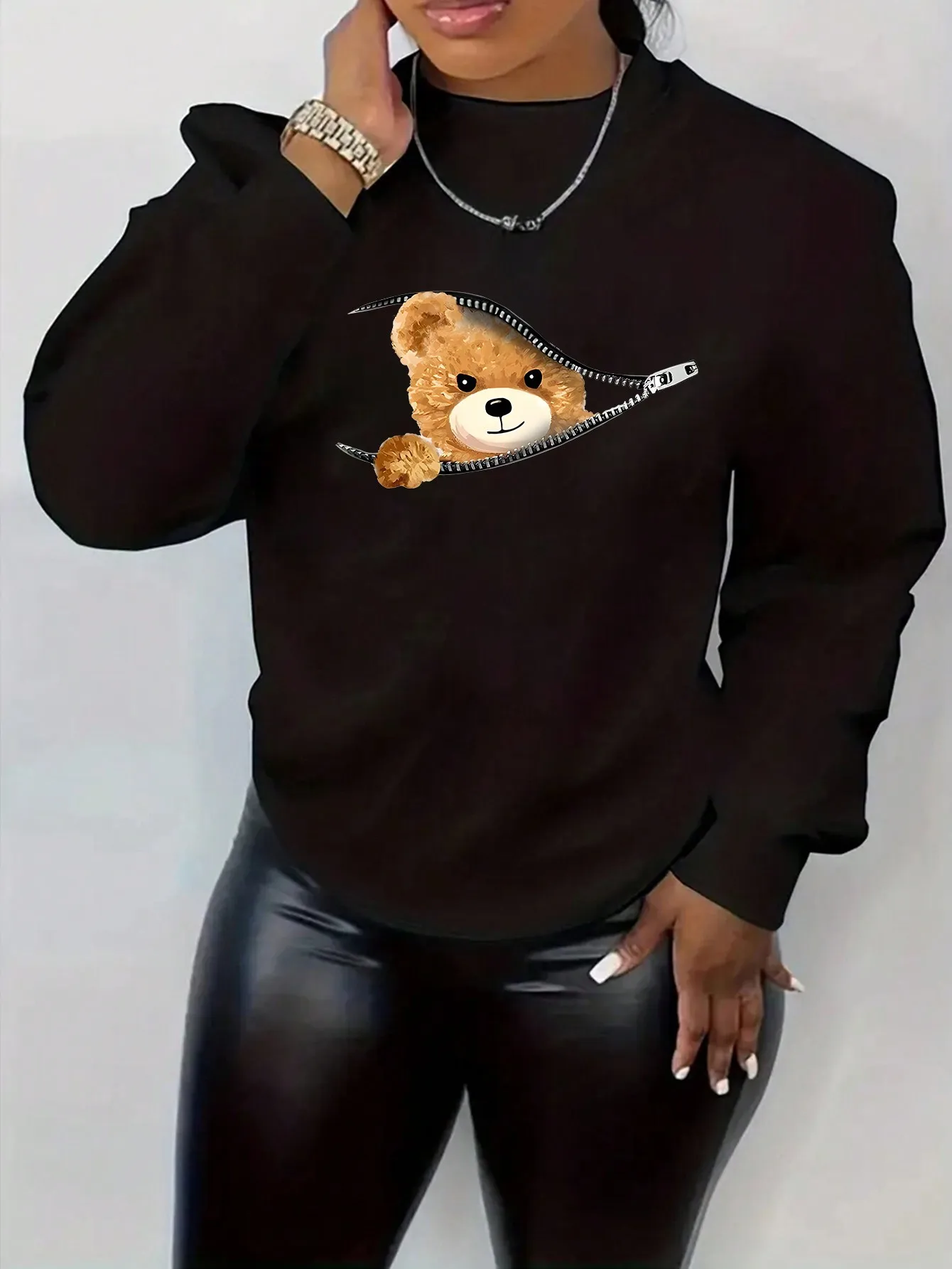 

Plus Size Cartoon Bear Zipper Print Round Neck Sweatshirt for Fall Winter Casual Outfits