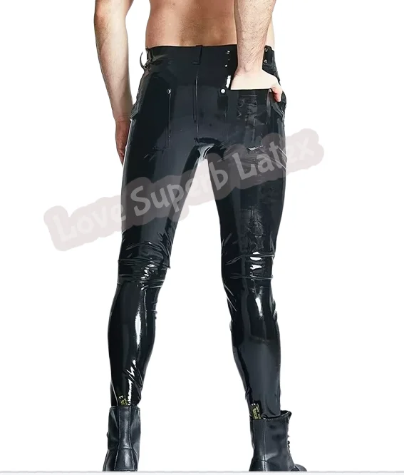 

Latex Gummi Pants Jeans with Pockets Front Zip Male Latex Leggings