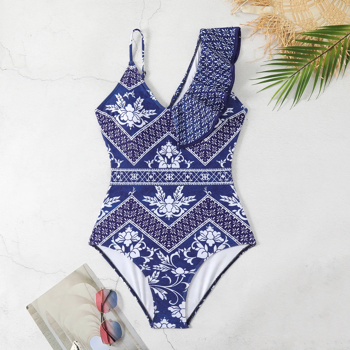 Deep V-Neck One Shoulder Ruffle Print One-Piece Swimsuit Bikini Woman Sexy Swimwear Suits Bodysuit Monokini Beachwear Skirt