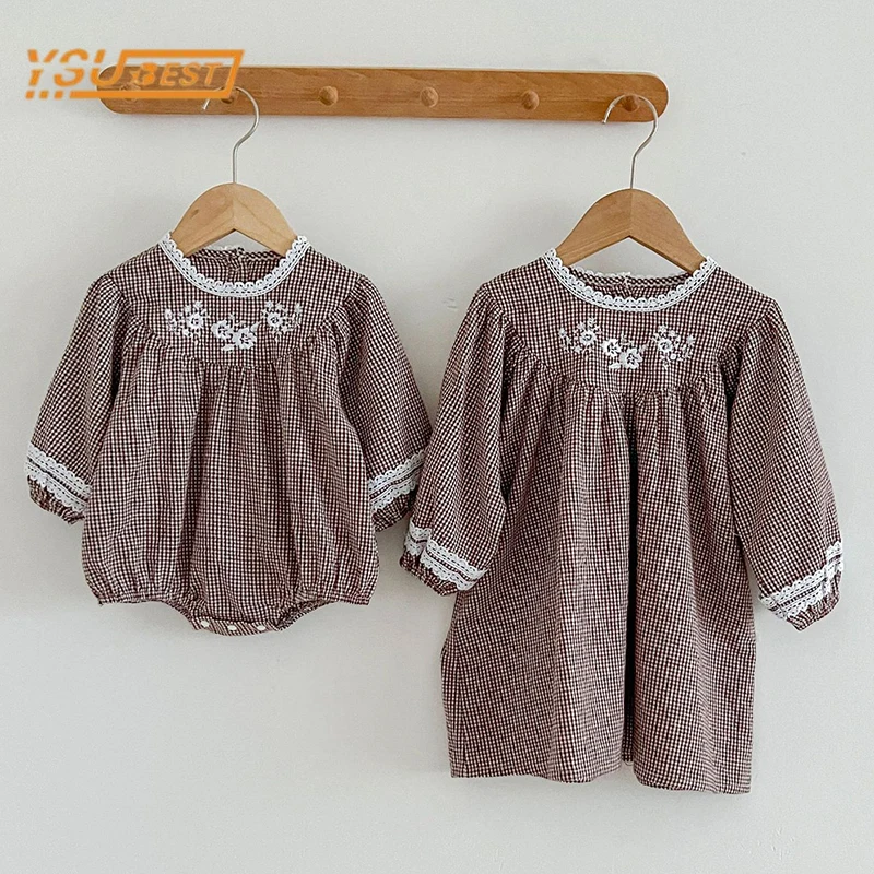 

Newborn Baby Girls Rompers Kids Baby Girls Long Sleeve Embroider Grid Sisters Dress Autumn New Infant Baby Girls Clothes Dress