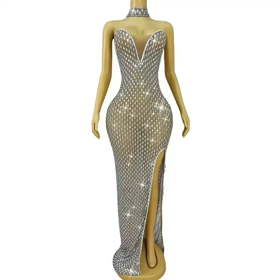 여성 생일 축하 저녁 댄스 파티 드레스 파티 클럽 무대 의상 고급스러운 전체 라인 석 메쉬 투명 롱 드레스