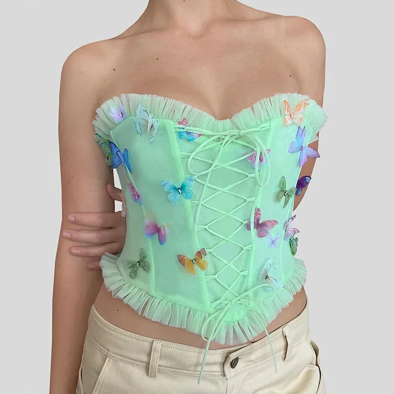 

Sexy Cute Women Colorful Butterfly Appliques Corsets Bustiers Lace-up Bandage Crown Girdle Slim Waist Strap Corset Curve Shaper