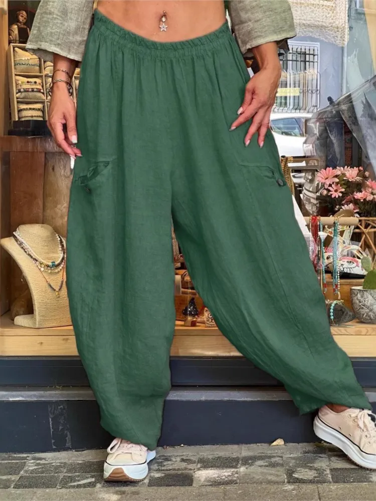Style Trousers Casual Solid Color Female Fashion Elastic Waist Pocket Loose Bloomers Streetwear Casual Commuting Daily Bottoms