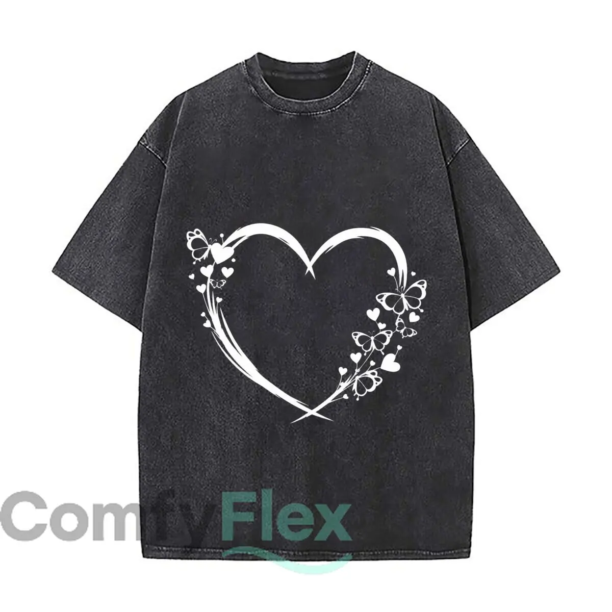 White Heart Outline Butterflies Tiny Hearts Romantic Graphic Distressed Vintage Oversized Streetwear Tops for Coffee Dates