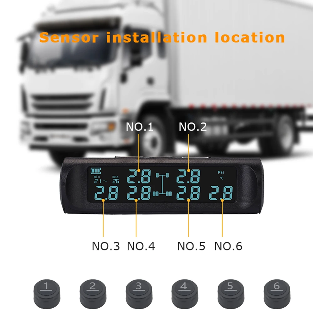 0-101Psi/7Bar Solar Powered 6 Sensors TMPS Autotruck Tire Pressure Monitoring System For Truck Bus Car Tyre Tester Alarm Digital