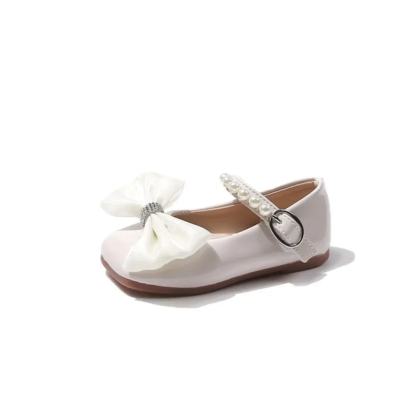 Zapatos de cuero blanco Mary Janes para niña, mocasines de princesa con lazo suave, diamantes de imitación, perlas, Chic, PU, Primavera, 2024