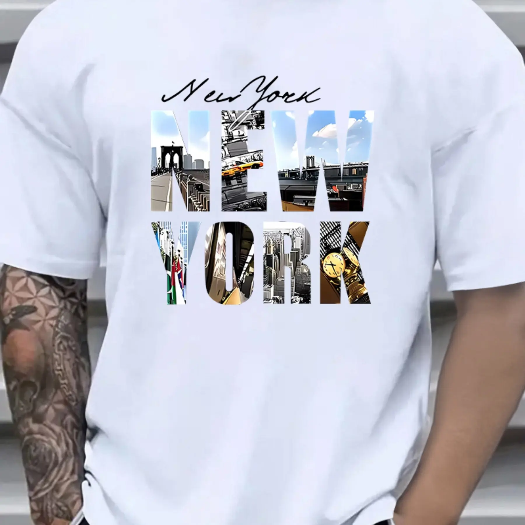 Men's Summer Cotton Fashion Casual Loose New York Pattern Print Sports Round Neck Short-sleeved T-shirt Top Casual Comfortable