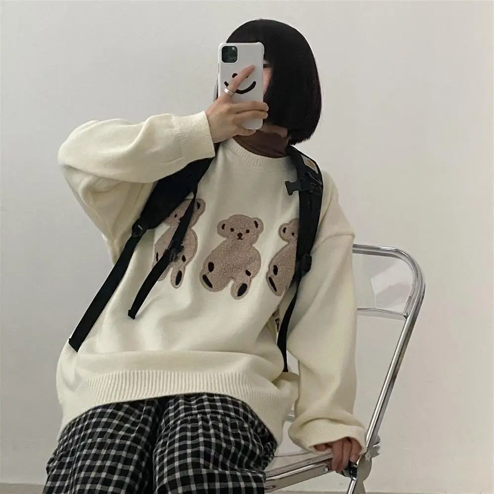 Kawaii Cute Bear Beige Sweater Women Korean Fashion Oversize Winter Cartoon Pullover Jumper Female Preppy Style Tops