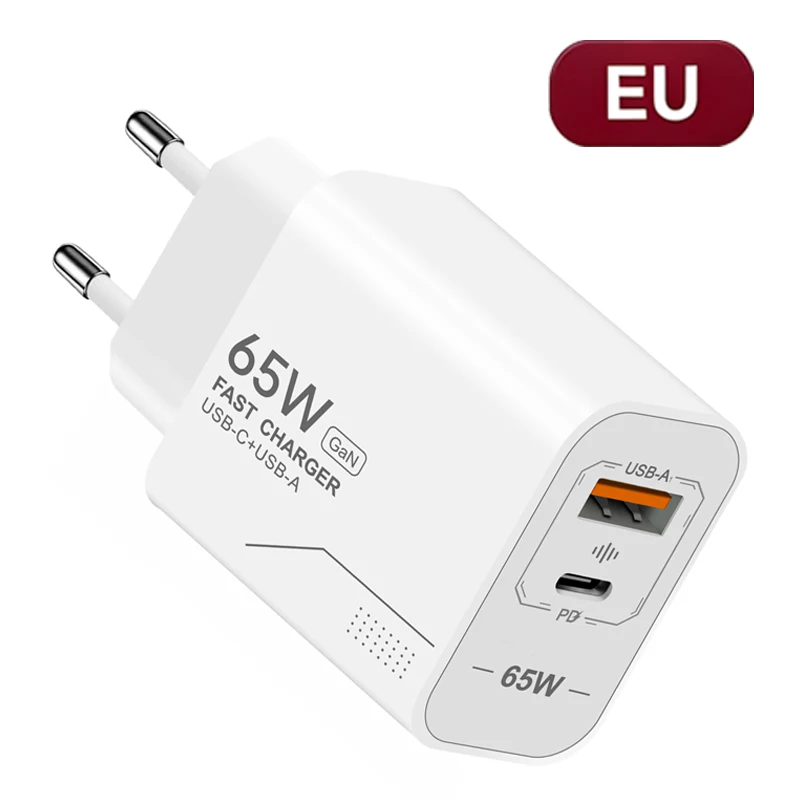 65W snellader voor iPhone 18, 17, 16 Pro Max, Samsung, Xiaomi, PD-lader, 2-poorts GaN-lader, USB-C-lader, draagbare telefoonlader.