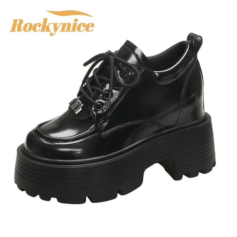 

Chunky Platform Oxfords Sneakers for Women New Autumn Non Slip Lace Up Flats Woman 10CM Thick Bottom Patent Leather Gothic Shoes