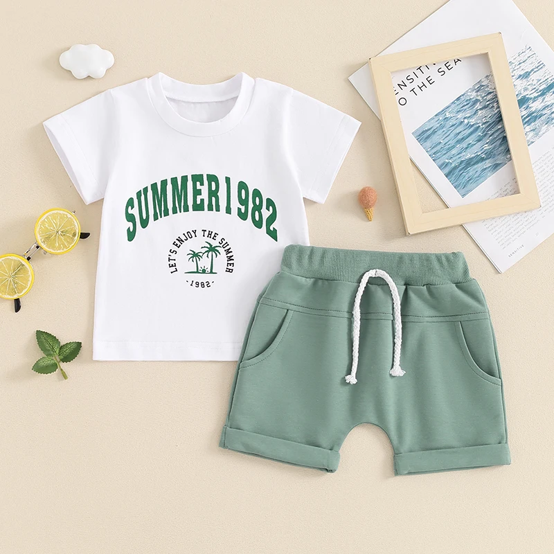 

2024-03-21 Lioraitiin 0-3Y Toddler Baby Boys Summer 2PCS Shorts Sets Short Sleeve Letter Print Tops and Drawstring Shorts Sets