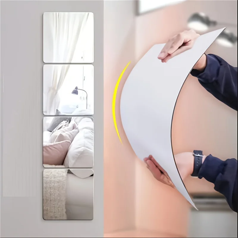 4pcs 2mm Square Rounded Corners Acrylic Mirror Self-Adhesive Wall Decor Makeup Festival Mirror Plate Candle Holder Home Tray