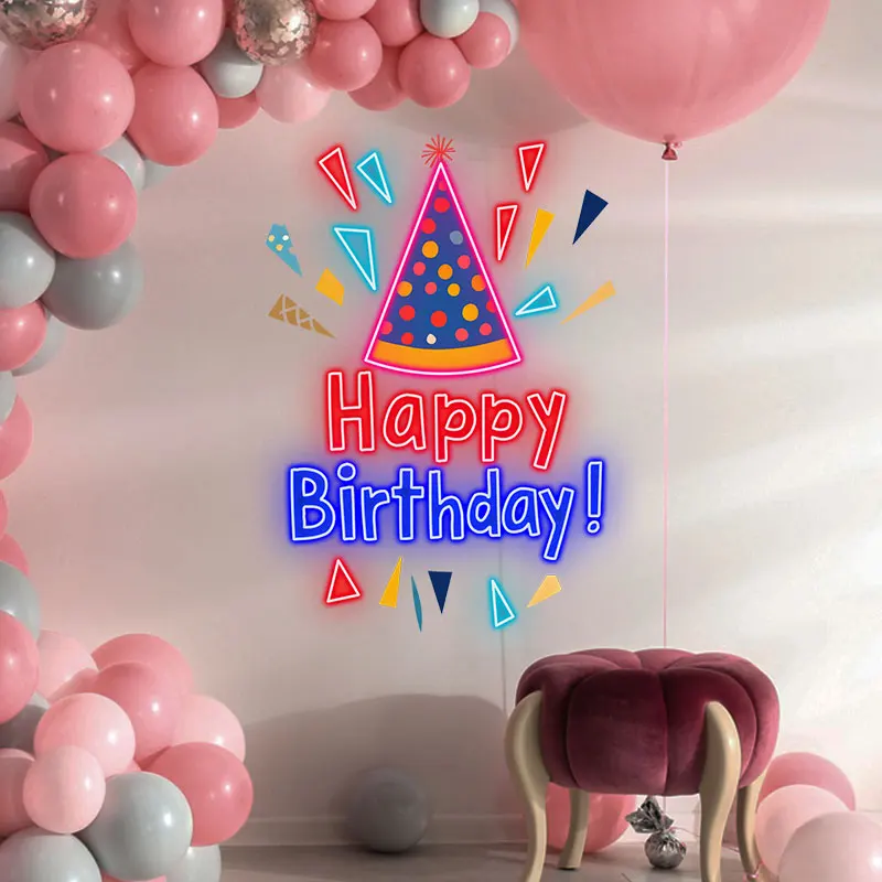 Colorful Party Hat Happy Birthday Neon Light – Fun and Vibrant LED Sign with Confetti, Perfect for Birthday Party Decorations