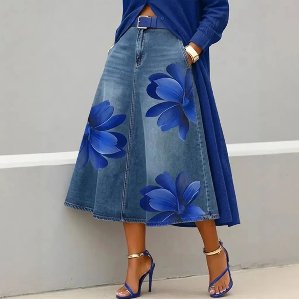 Women's Streetwear Floral Print Midi Skirt High Waist  imitation denim Casual Swing Skirt Ladies Stylish daily wear Trendy Skirt