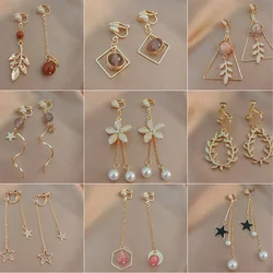 Pendientes de Clip de borla de perla larga Vintage sin agujeros para la oreja, pendientes geométricos simples, sin Piercing para mujer, venta al por mayor