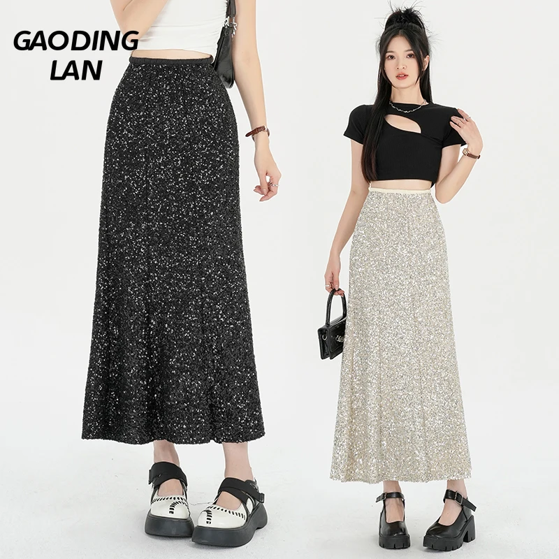 

GAODINGLAN High Waist Women Long Skirts Heavy Industrial Sequins Female Hip Wrap Mermaid Skirt Elegant Temperament Black Skirt