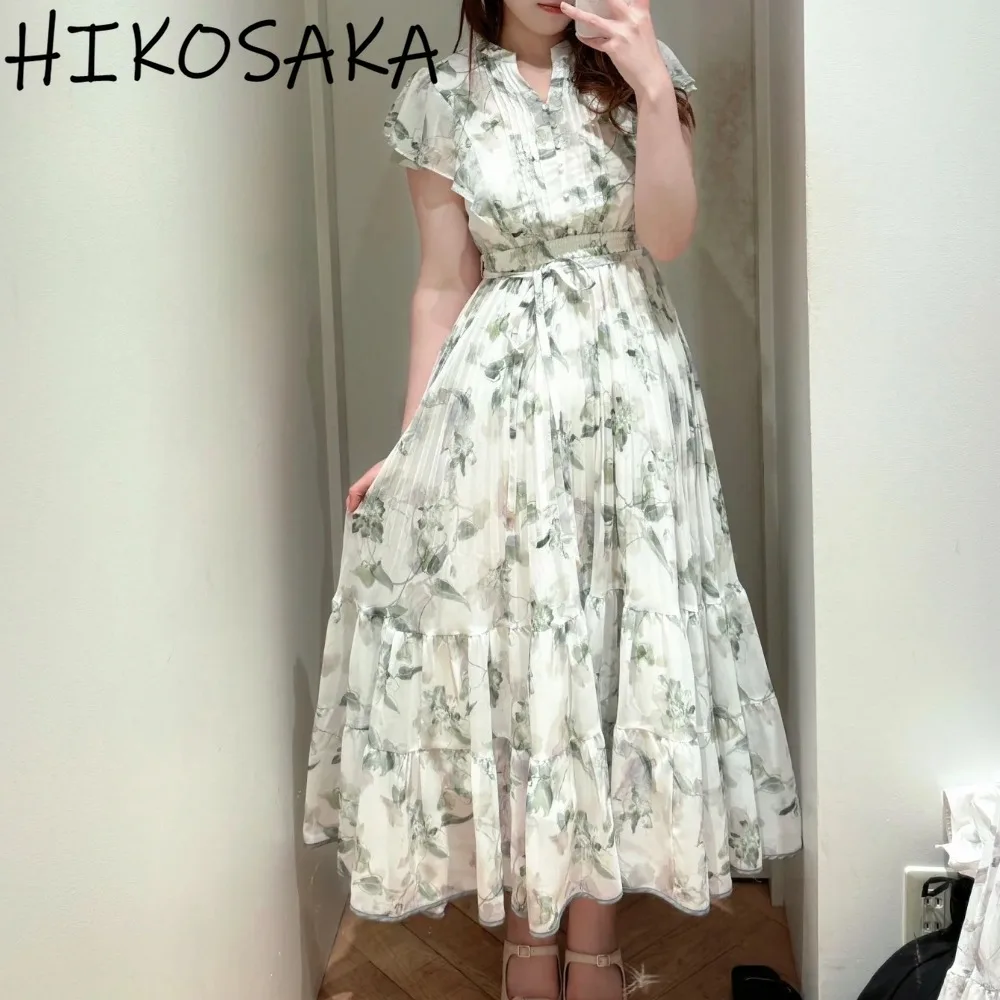 

Ruffles Flying Sleeve Pleated Print Dress V-neck High Waist Slim A-line Robe Female 2025 Spring Summer Chic Sweet Vestidos
