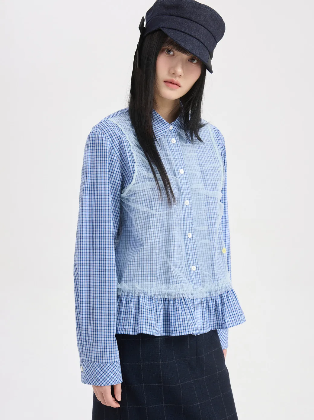 

MICOAT Luy Fre Miu Spring Plaid Patchwork Lace Gored Hem irt Women's Sweet Sle Loose Fit Long Sve Button down