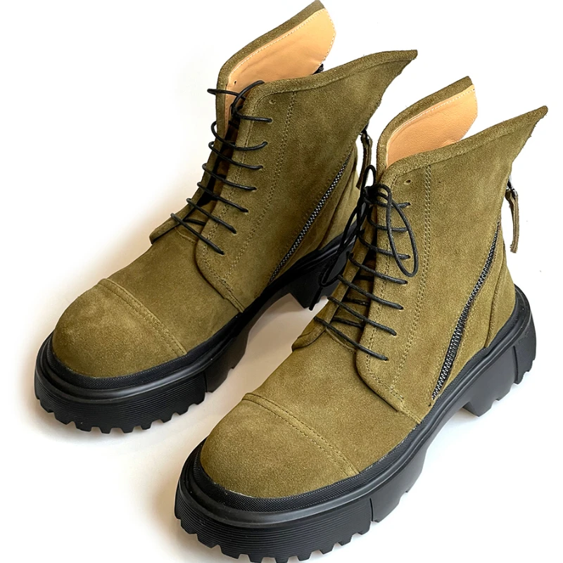 

British Height Increasing Boots Shoes for Men's Frosted Dark Green Lace Up Double Zipper Round Toe Thick Bottom Short Boots Male