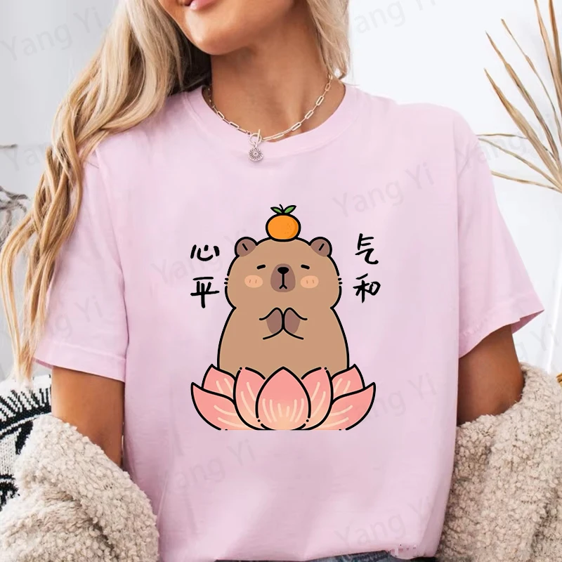 Capibala Sat on a Lotus Flower with His Hands Clasped Together Printed T-Shirts For Men Women Short Sleeve Funny Couple Tees