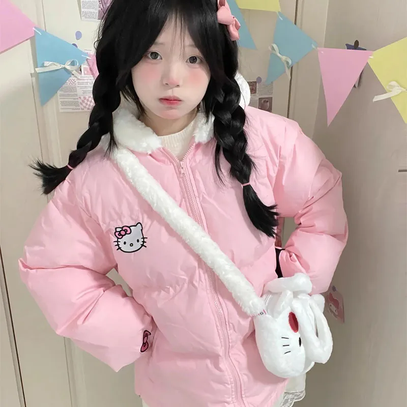 Sanrios Hello Kittys Sweet Winter Cotton Clothes Girl Kawaii Plus Thick Hooded Jacket Cartoon Cute Loose Warm Parkas Cotton Coat