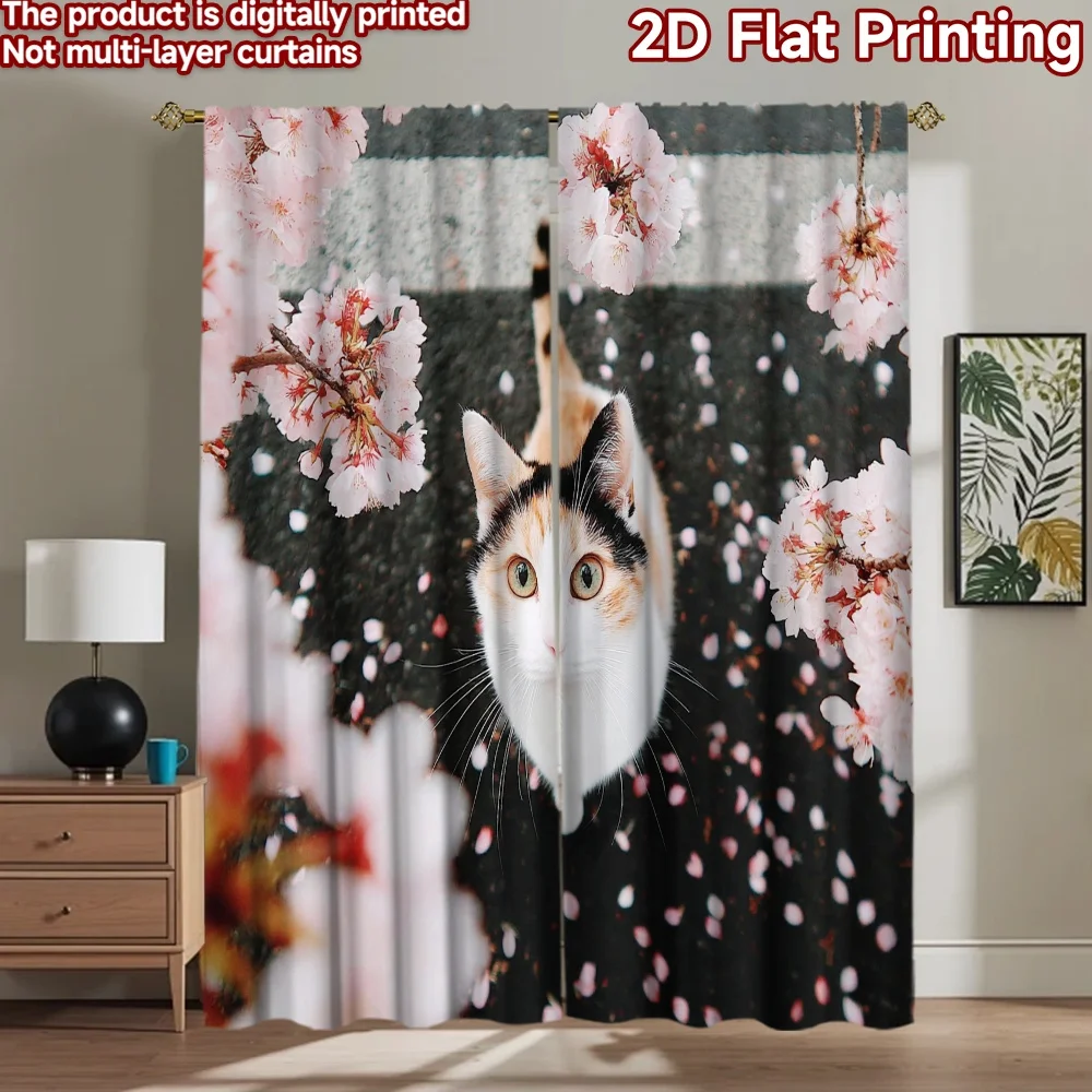 2D flat printing 2pcs Curtains Cat Cherry Blossoms Petals Digital Printed Polyester Drapes Family Party Decoration for Photo