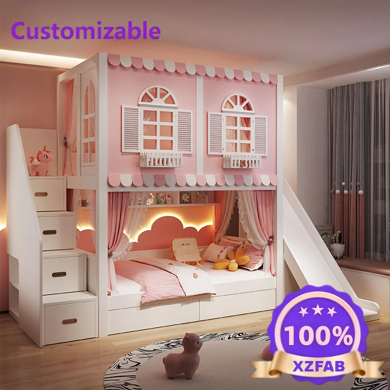 Factory Direct 2026 Full solid wood bunk  high and low bed children's bed girl princess  bedroom wardrobe second with slide