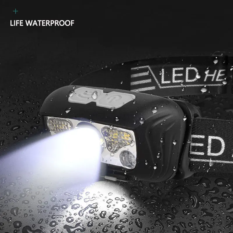 바디 모션 센서가 있는 미니 LED 헤드램프, USB 충전식 헤드라이트, 흰색 + 빨간색 모드, 캠핑 손전등, 헤드 라이트 램프