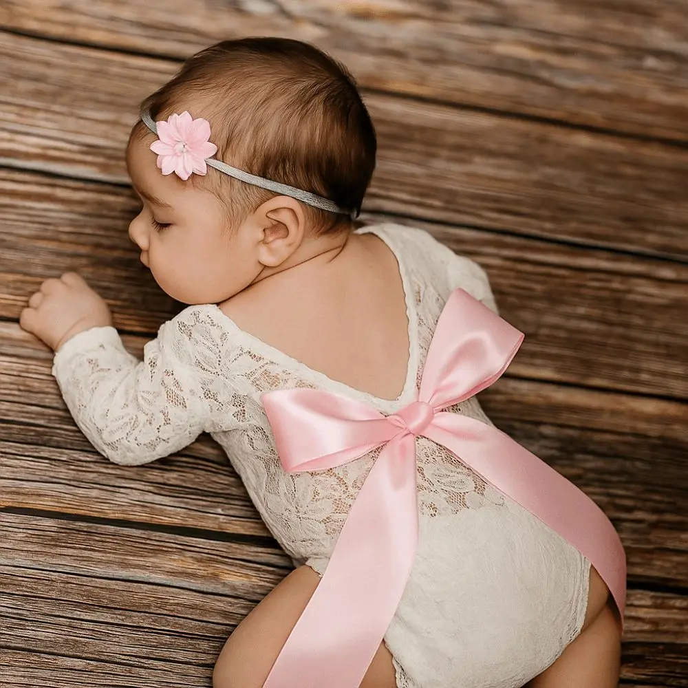 2 قطعة/المجموعة الإبداعية الرضع صور الملابس ربطة القوس فيونكة تصميم الأزهار الوليد الدانتيل رومبير الجوف الظهر بلون #4
