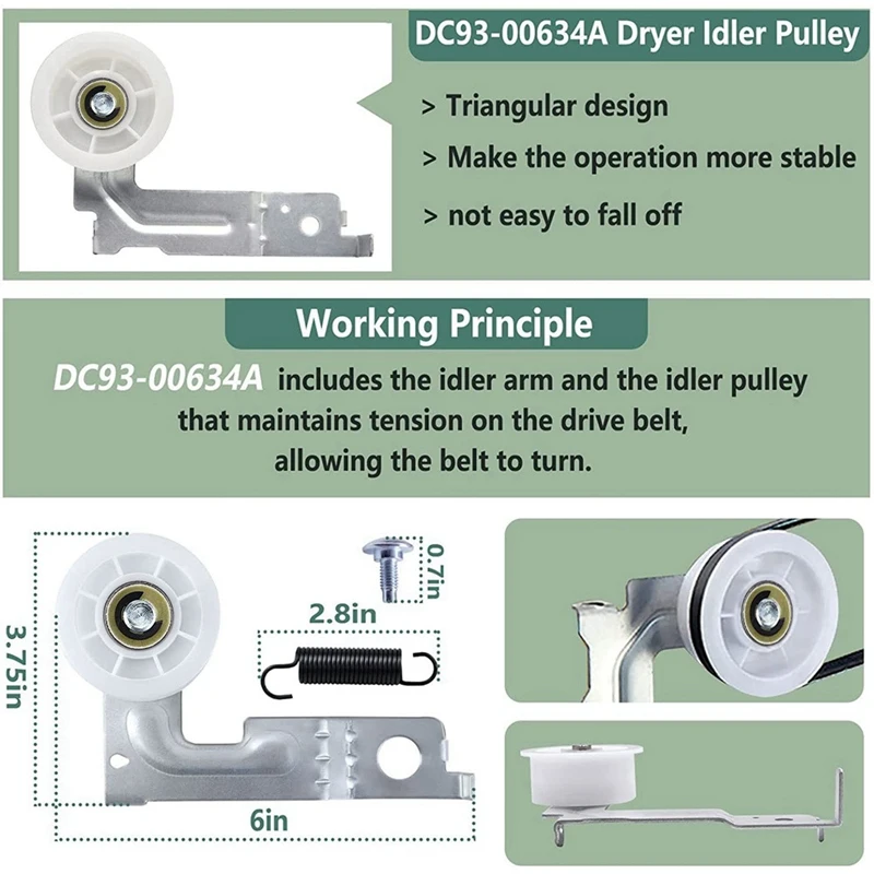 2Set For Samsung Dryer Includes DC97-16782A Dryer Roller DC93-00634A Idler Pulley 6602-001655 Dryer Belt