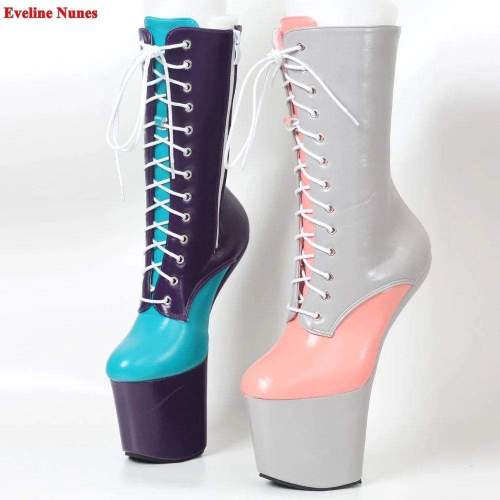 

Mixed Colors Ankle Boots Women's New Arrival 2024 Heelless 20cm Heel Round Toe Patent Leather Nightclub Cosplay Sexy Shoes