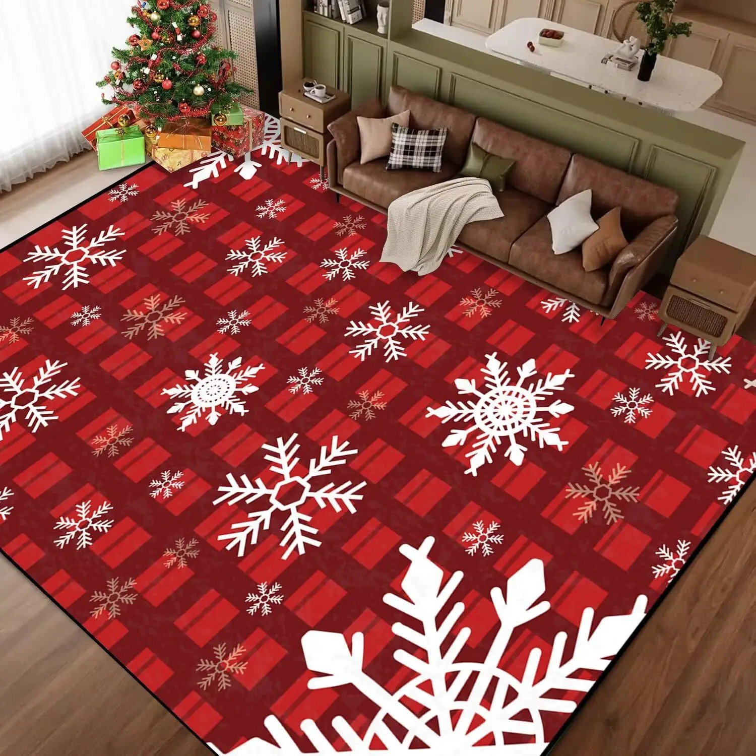 Christmas Snowflake Rug Fireplace Holiday Area Rug for Living Room Bedroom Office Extra Large Non-Slip Washable Winter Throw Rug