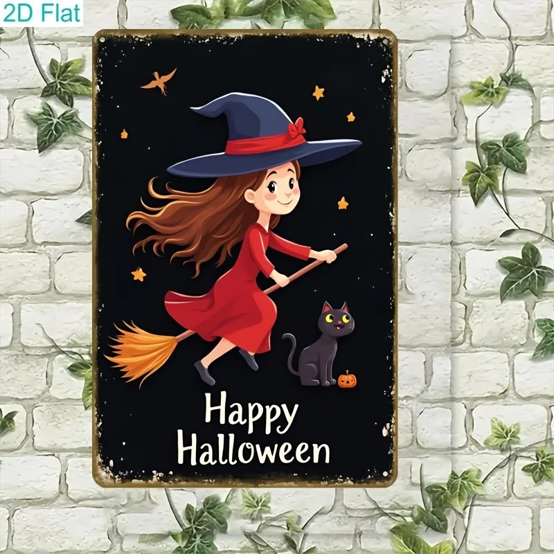 CIFBUY Retro Metal Tin Sign Witch Broomstick Halloween Decor Aluminum Wall Art Waterproof Durable for Home Bar Cafe Garden Party