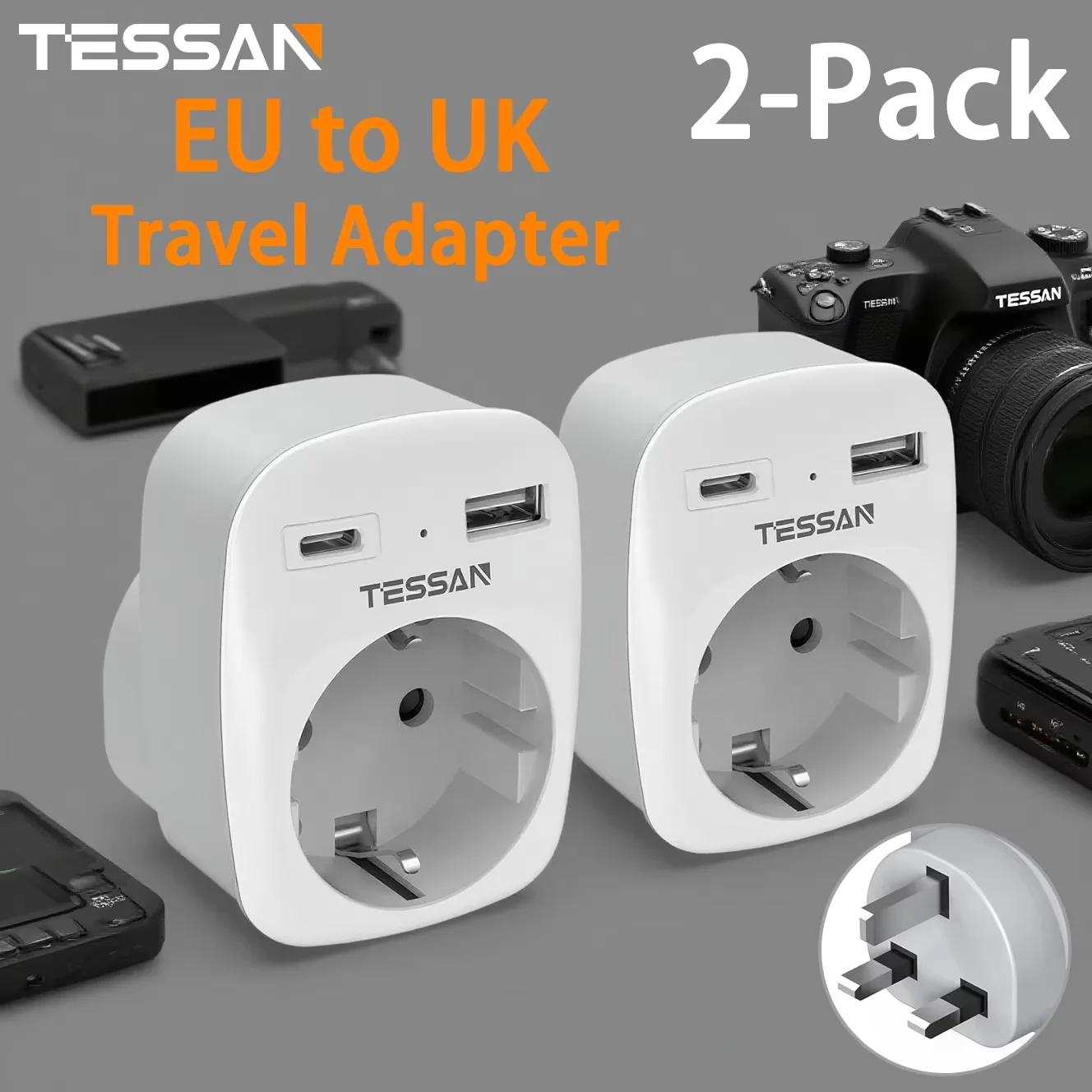 Дорожный адаптер TESSAN из ЕС в Великобританию с 1 розеткой 2 портативными настенными розетками USB типа C для Великобритании, Ирландии, Шотландии, британской вилкой типа G