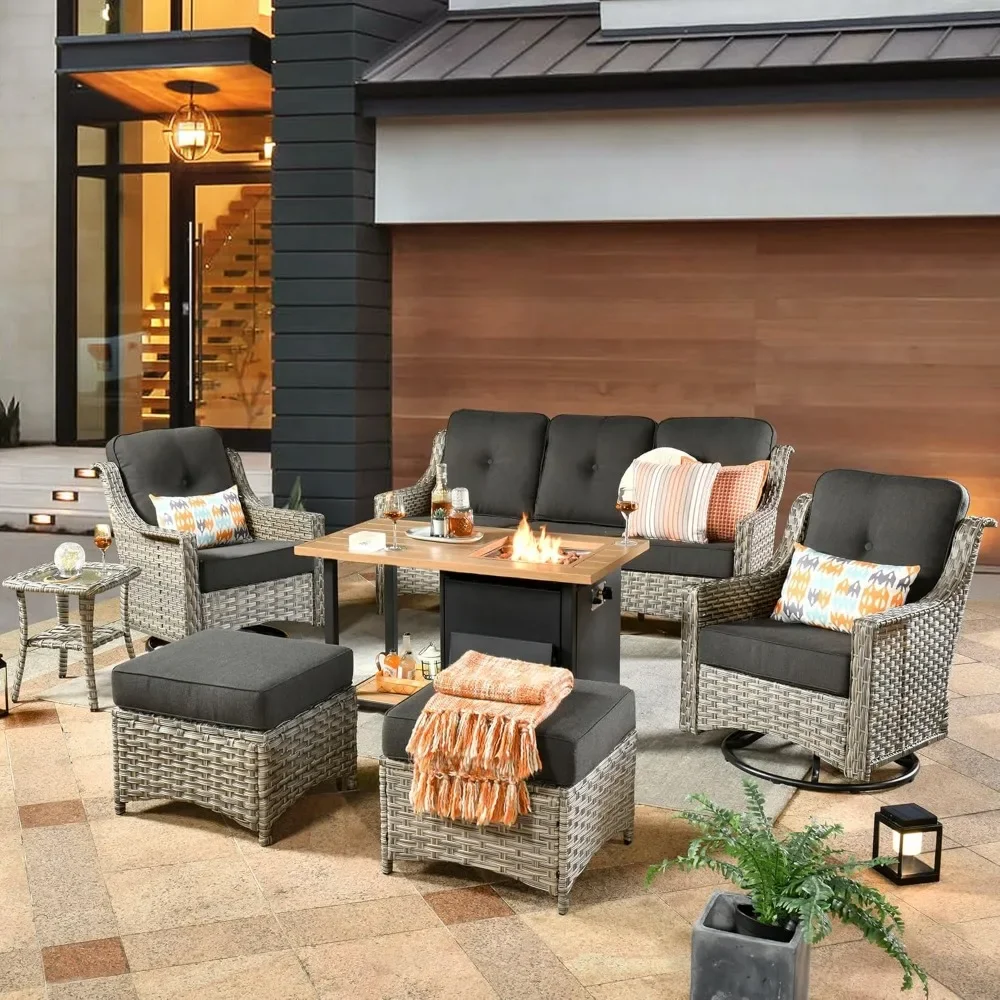 

Patio Furniture Sets, Outdoor Sofa with Swivel Rocker Chairs and Fire Pit Table,7 Pieces All Weather PE Wicker Conversation Set