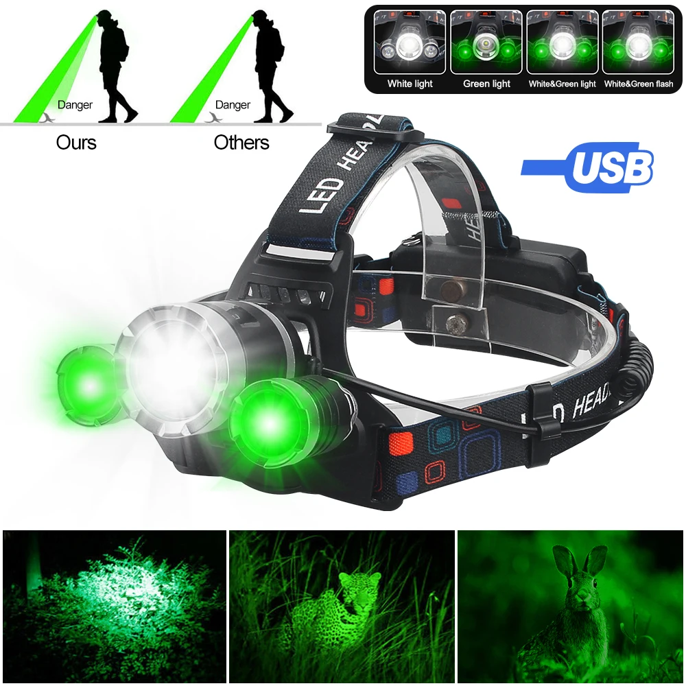 

Green/Red/Purple Light Camping Light USB Rechargeable Head Light Outdoor Hunting Fishing Lamp Powered by 2 pcs 18650 Battery