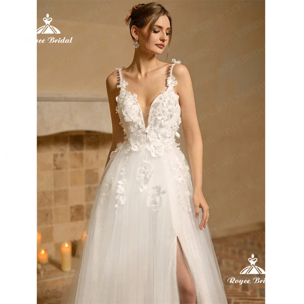 Roycebridal-vestido de novia acampanado con cuello en V, traje de boda con abertura lateral de encaje, corte en tren, 2025