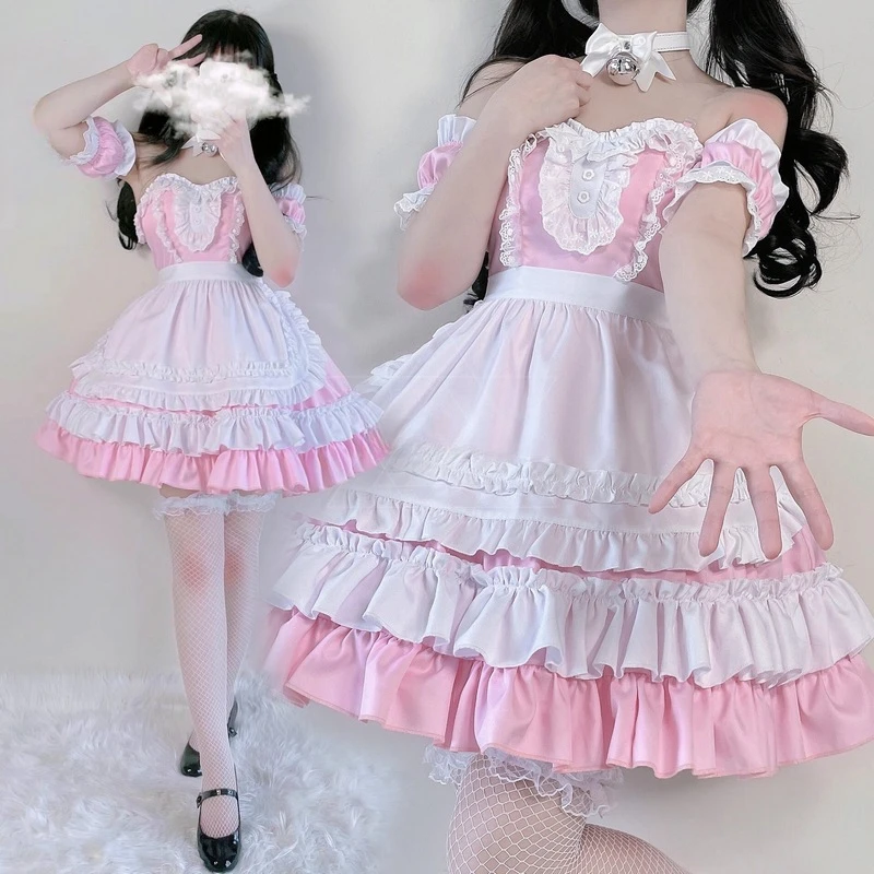 

Cosplay Maid Costume Pink Lolita Dress Cute Girl Maids Wear Uniform Lovely Japanese Ruffle Bow Outfit Dress