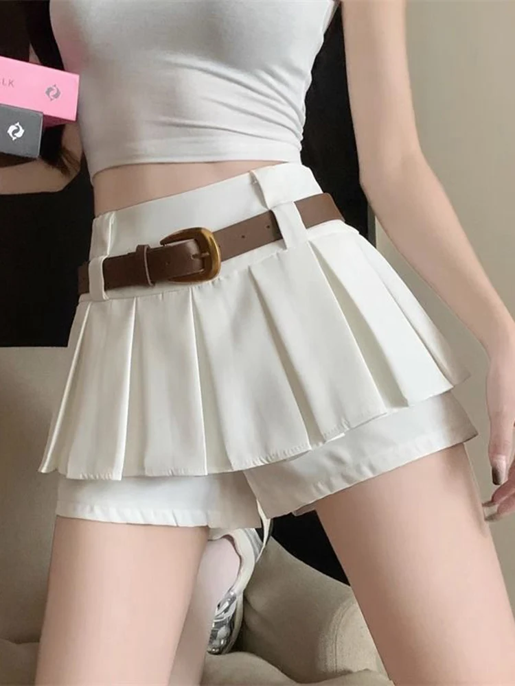 

Zoki High Waist Sexy Belt Pleated Skirt Women Sweet Vintage Preppy Style Mini Skirt Korean Casual Elegant Solid Female Skirt New