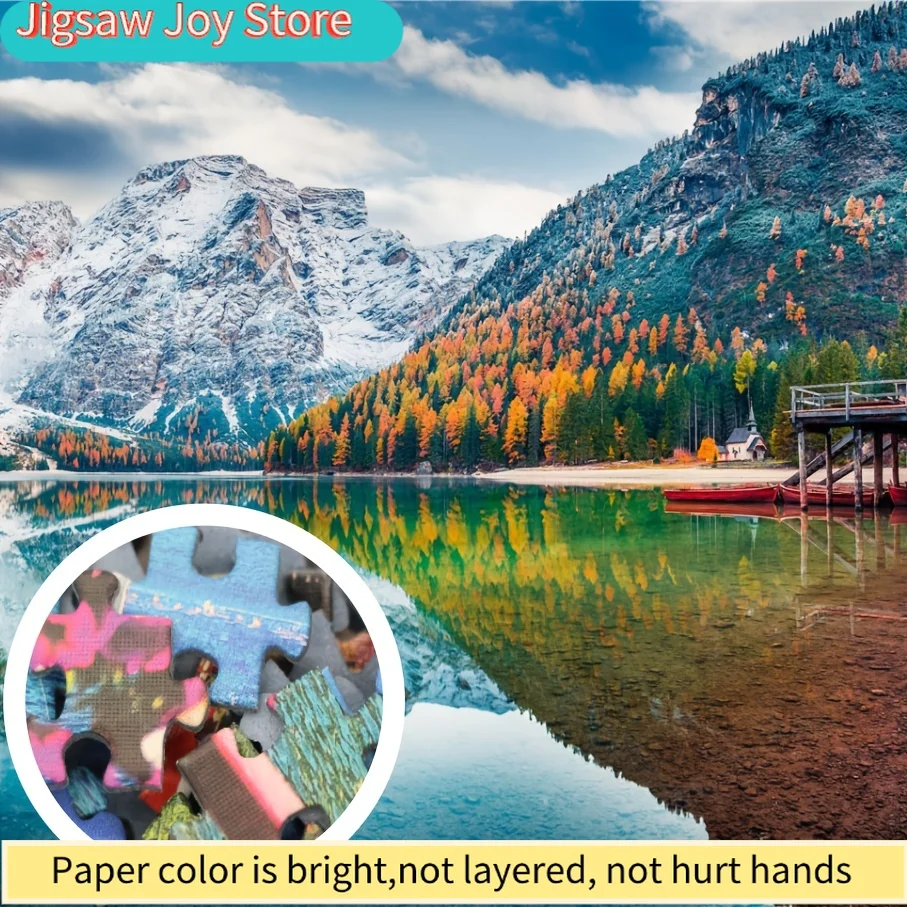 จิ๊กซอว์พัซเซิล - ทิวทัศน์อันงดงามของทะเลสาบเบรสต์ พร้อมภูเขาที่ปกคลุมด้วยหิมะและใบไม้ร่วง ขนาด 27x20 นิ้ว เหมาะสำหรับตกแต่งบ้าน