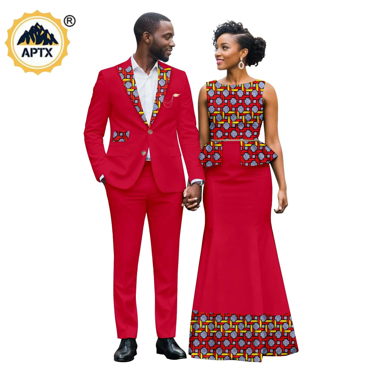 

African Beading Draped Print Dresses for Women Matching Couple Outfits Dashiki Formal Men Blazer Top Jacket and Pant Sets 26C004