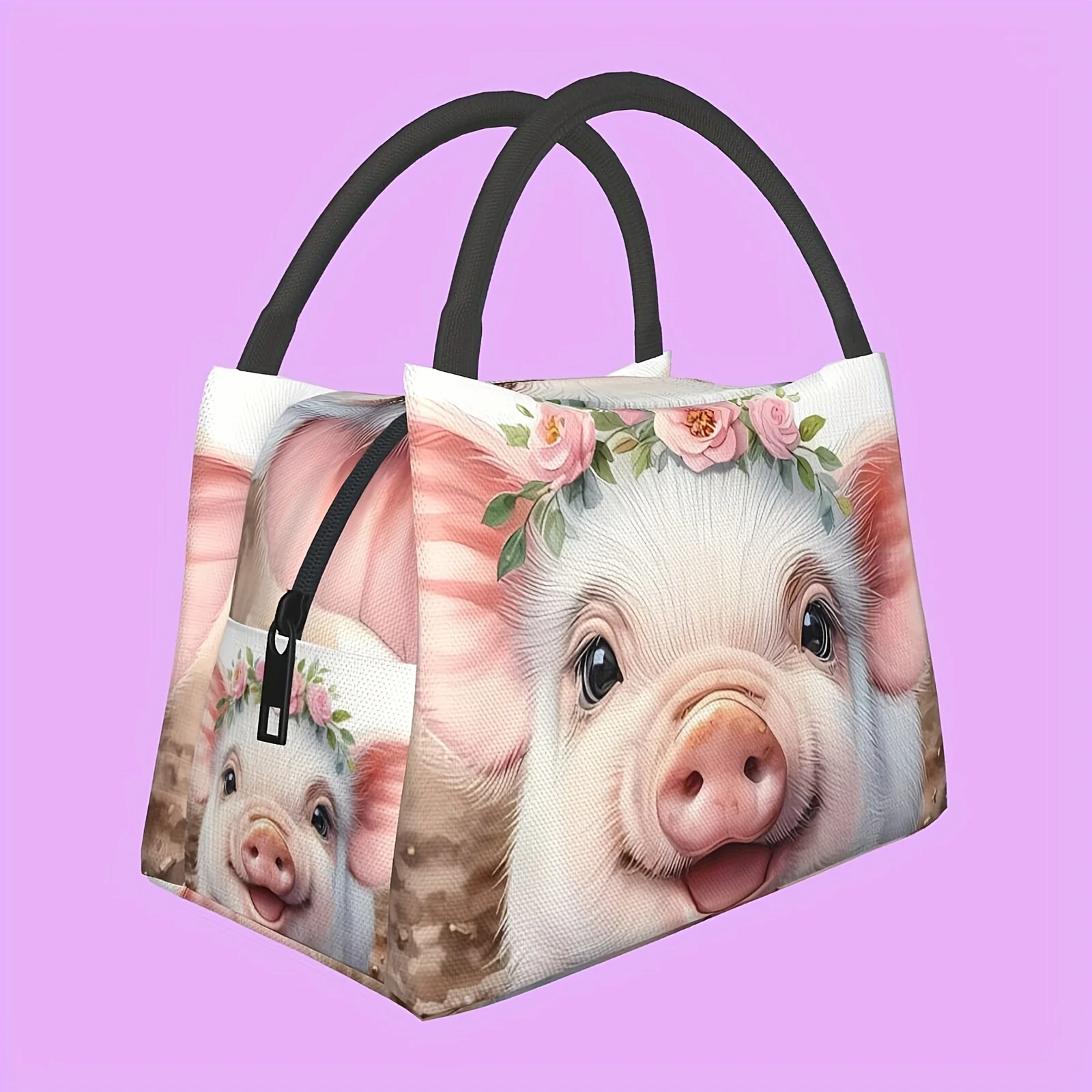 

Cute Piglet & Floral Design Insulated Lunch Bag - Reusable, Leak-Proof Tote with Black Handles, Perfect for Work, Picnics, Beach