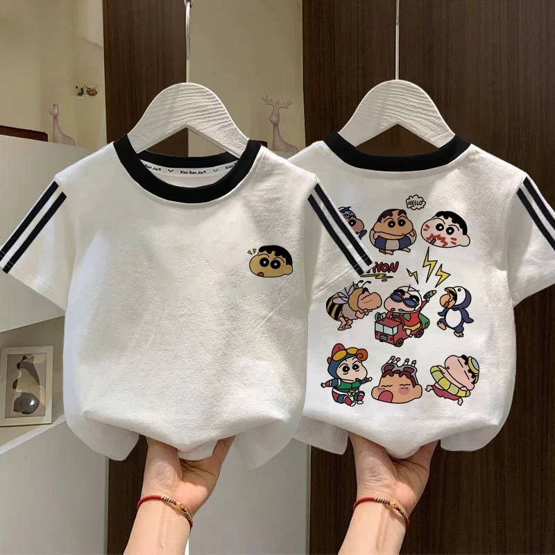 

Летняя хлопковая футболка в полоску с мультяшным карандашом Шин-тян с короткими рукавами Kawaii для мальчиков, милый домашний повседневный топ с половиной рукавов