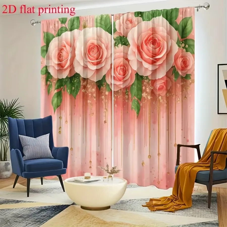 2PCS Digital Print Curtains, Large Pink Roses Pattern, Romantic Bold Floral Decor Dramatic Big Flower Elegant Living Room Drapes