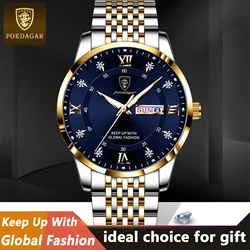 POEDAGAR Classic Watch For Man Elegant Date Week Waterproof Luminous Men Watch Quartz Stainless Steel Sports Men's Watches reloj